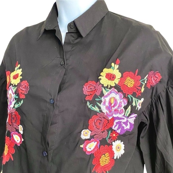 Haute Rouge Black Floral Blouse M/L Cropped Button-up Cotton Boho Embroidered - Picture 2 of 12